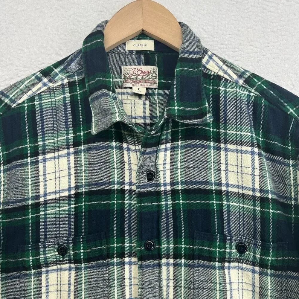 J.CREW Shirt Mens L Midweight Flannel Tartan Plaid Double Brushed Cotton Green